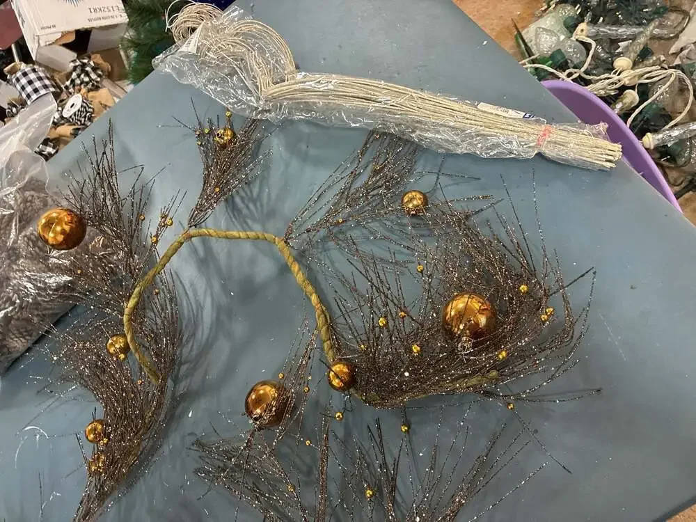 Gold Glittered Twig Christmas Garland with Beaded Ornaments and Decorative Pinec